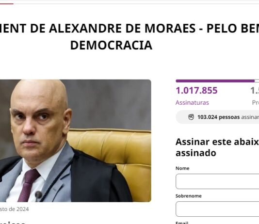 Petição pedindo impeachment de Moraes bate 1 milhão de adesões