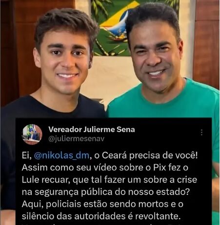 Vereador Julierme Sena convida deputado Nikolas Ferreira para gravar um vídeo sobre a crise de segurança pública no Ceará