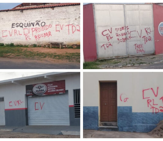 Pequena cidade no interior do Ceará amanhece com várias pichações da facção Comando Vermelho.