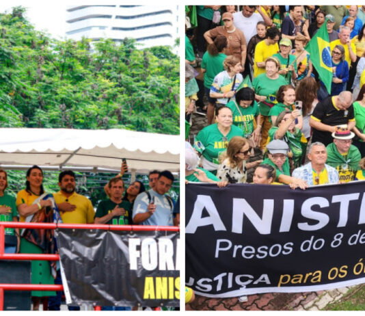 Manifestantes se reuniram na Praça Portugal em Fortaleza na busca pela anistia dos envolvidos no 8 de Janeiro