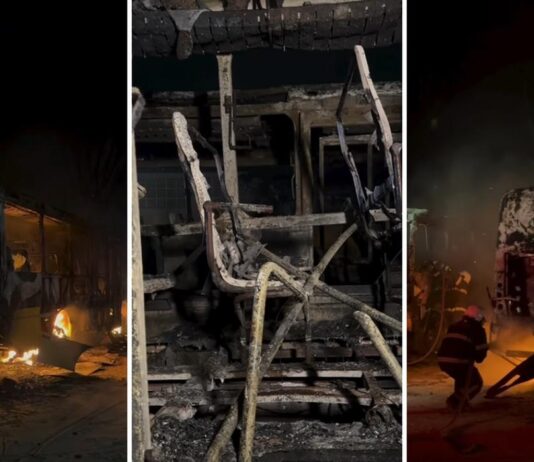 Quatro ônibus escolares são incendiados dentro de escola em Aquiraz.