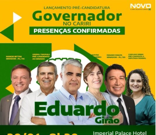 Eduardo Girão lança pré-candidatura ao governo do estado amanhã (30) em Juazeiro do Norte com a presença de várias lideranças.