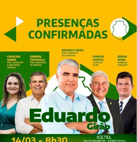 Eduardo Girão lança pré-candidatura a governador do Ceará em Sobral, com a presença de Sergio Moro e Marcos Pontes.
