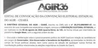 Partido AGIR publica edital de convocação para convenção estadual no dia 05 de Agosto.