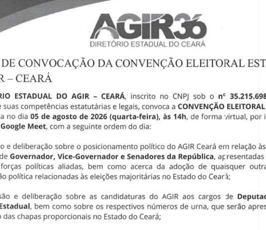 Partido AGIR publica edital de convocação para convenção estadual no dia 05 de Agosto.
