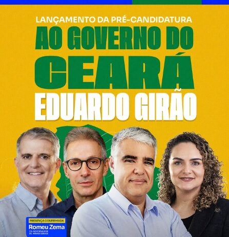 Eduardo Girão lança pré-candidatura a governador do Ceará em Caucaia no próximo sábado (04), com a presença de Romeu Zema.
