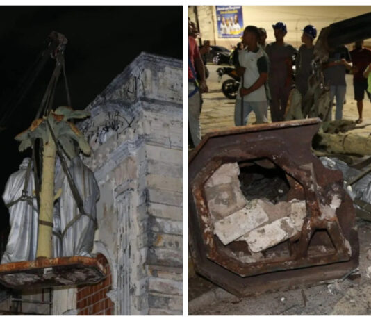 Imagem da Sagrada Família despenca durante retirada de prédio centenário em Fortaleza