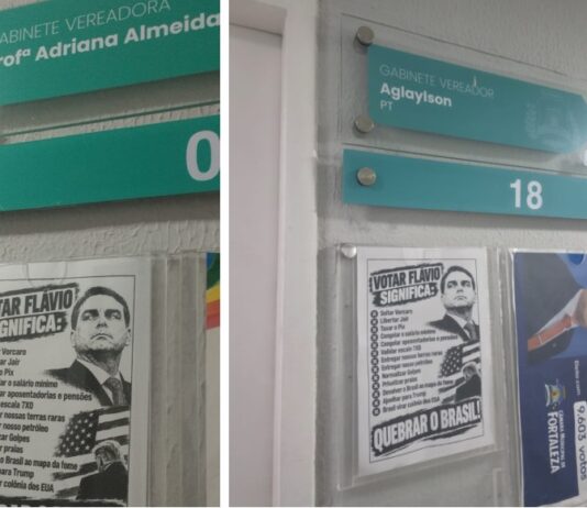 Denúncia: vereadores do PT em Fortaleza colocam fake news contra Flávio Bolsonaro na porta de seus gabinetes na Câmara Municipal de Fortaleza.