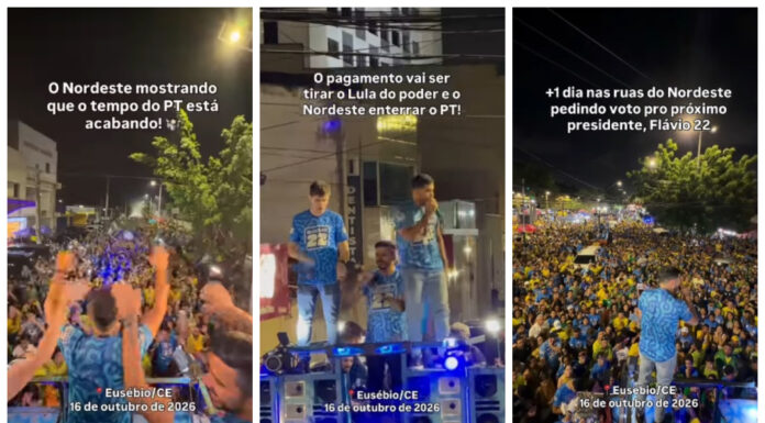 André Fernandes e Abreu Junior, acompanhados do deputado Lucas Pavanato, mobilizam multidão pelas ruas do Eusébio em apoio a Flávio Bolsonaro.